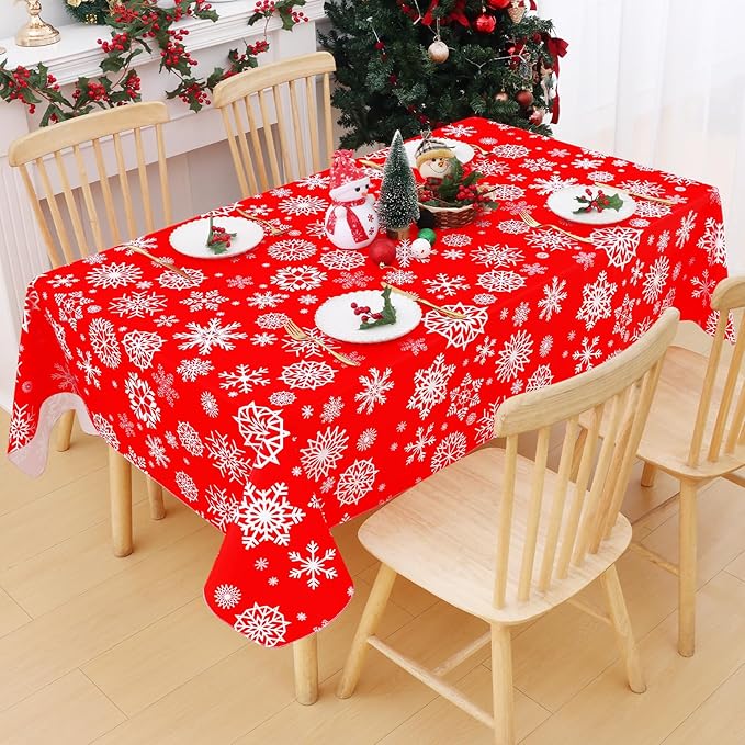 Smiry Christmas Rectangle Table Cloth, Waterproof Vinyl Tablecloth with Flannel Backing, Wipeable Snowflake Plastic Tablecloths for Christmas Table Decorations, (60"x102", Christmas Red)
