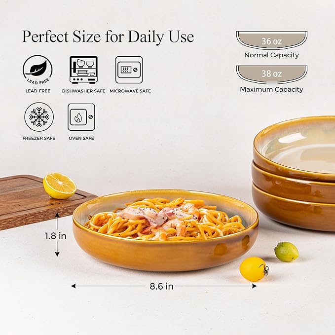 LERATIO 8.5'' Large Ceramic Pasta Bowls, 36oz Pasta Serving Bowls Set of 4 for Kitchen, Wide Bowls for Fruit,Pasta,Salad,Oatmeal,Meal, Microwave Safe, Reactive Glaze-Kahki