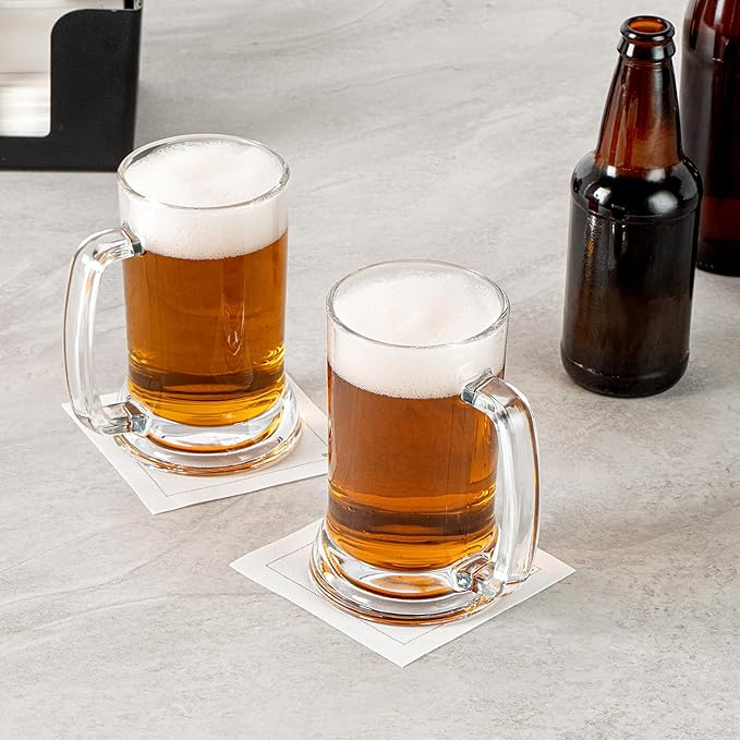 Restaurantware-Vetri 16 Ounce Beer Mugs, 6 Dishwashable Beer Glasses With Handle - No-Lead, Heavy Base, Clear Glass Large Stiens, For Pubs, Bars, Restaurants, Home, Hotel, Or Hosting Parties