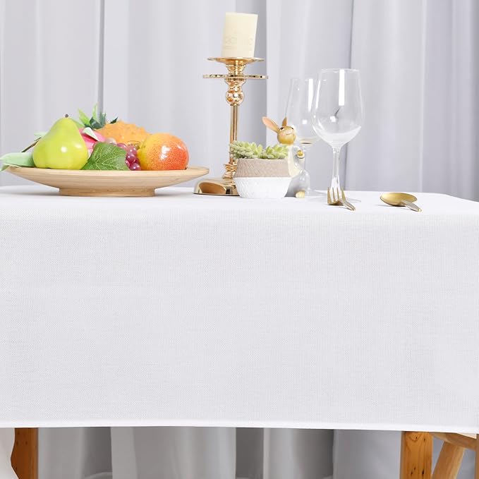 Hiasan Faux Linen Rectangle Tablecloth - Wrinkle and Stain Resistant Washable Table Cloth for Kitchen Dining Room Holiday Table Cover for Dinner, White, 60 x 140 Inch