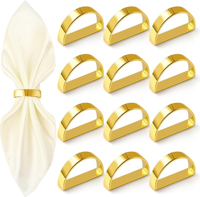 Gold Napkin Rings Set of 12, Semicircle Metal Bright Gold Napkin Holder Buckles, Fall Thanksgiving Christmas Napkin s Rings for Dinner Table Decor, Wedding, Banquet, Party, Easter