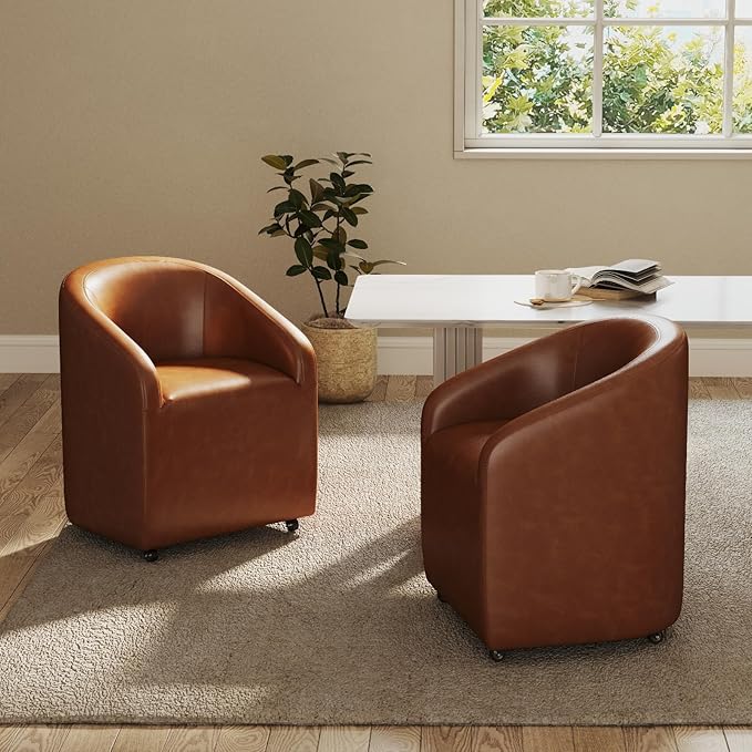 Modern Barrel Dining Chairs with Rolling Casters Set of 4, Upholstered PU Leather Swivel Dining Room Chairs with Wheels for Kitchen Living Room Home Office, Brown