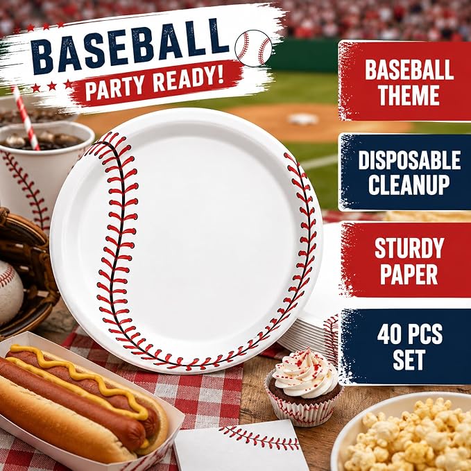 40 Pcs Baseball Plates And Napkins, Baseball Party Supplies, Serves 20 | - Image 3