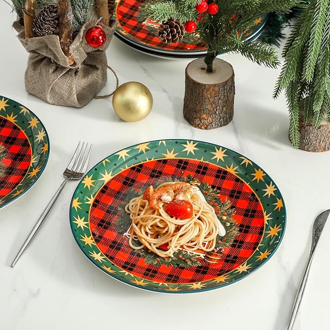 Ceramic Dinner Plates Set of 6,Stoneware 10 Inch,Microwave,Dishwasher and Oven Safe,Porcelain Dessert Plates for Steak,Dishes Set for Kitchen,New Year Gift,Scratch Resistant,Christmas