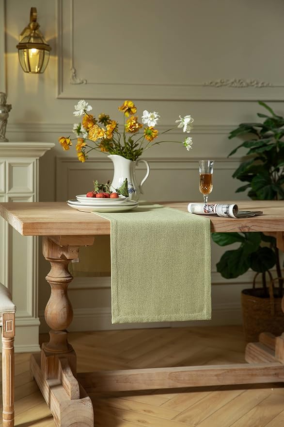 Burlap Style Farmhouse Table Runner, 14x90 Inches Light Sage Green | Thick - Image 3