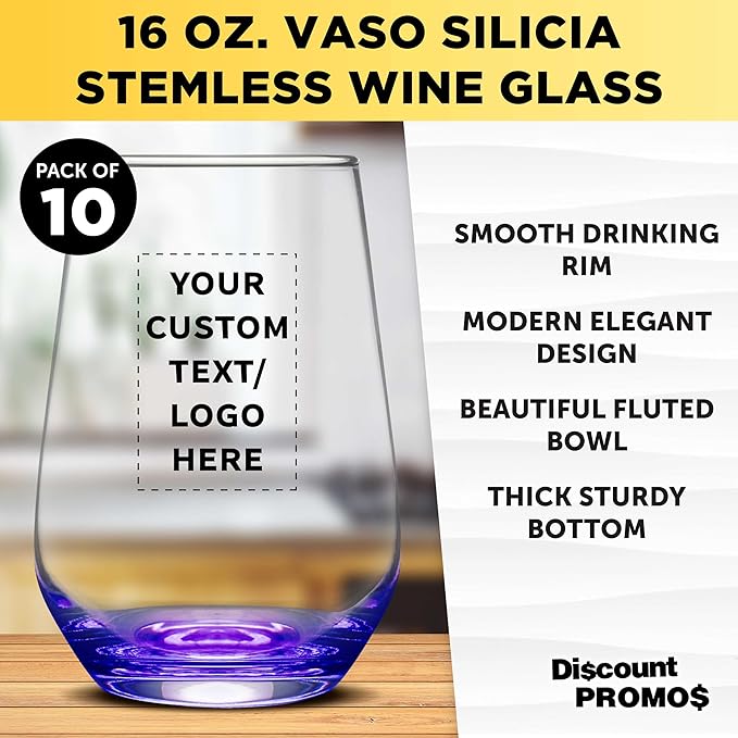 DISCOUNT PROMOS 10 Vaso Silicia Stemless Wine Glasses Set, 16 oz. - Personalized Text, Logo - Clear, Orb-Like, Thick base - Purple