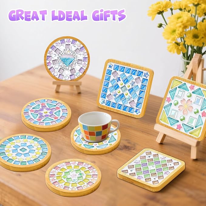 Airsnigi 10 Set DIY Mosaic Tiles for Crafts Mixed Color Mosaic Kits with Wooden Coasters Handmade Glass Coasters Crafts Set for Drinks Tray Handmade Home Decoration Christmas Gift