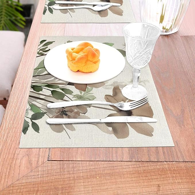 Spring Floral Placemats 12x18 Inches Set of 4,Watercolor Brown Green Flower Decorative Rectangle Summer Decor Floral Decoration Table Mats for Party, Home Kitchen,Dining Table Decoration