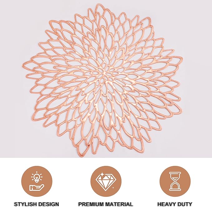 Snowkingdom 12 Pack Rose Gold Placemats Metallic Pressed Vinyl for Mother's Day Table Decoration Dinning Mats Bulk Round Floral Charger for Wedding Valentine's Day Christmas Holiday