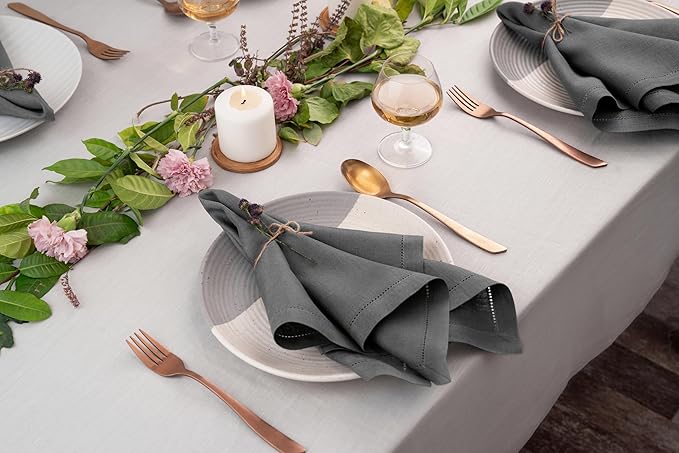 D'Moksha Homes Charcoal Grey Linen Napkins Set of 4 - Classic Hemstitch 100% Pure Linen Hemstitch Dinner Napkins 20 x 20 Inch for Spring, Easter - Handcrafted and Machine Washable