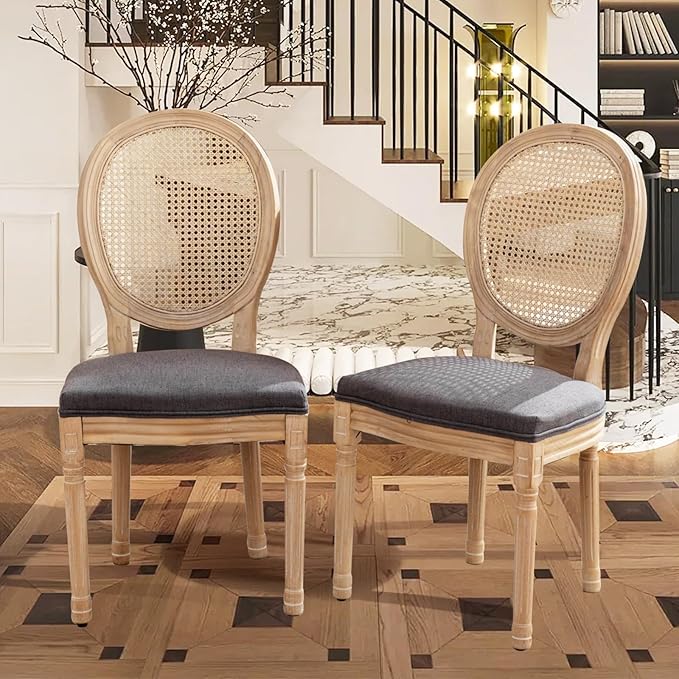 SoarFlash French Dining Chairs Set of 4, Vantage Dining Chair with Round Back, Farmhouse Country Rattan Dining Chair for Kitchen,Bedroom,Deep Grey
