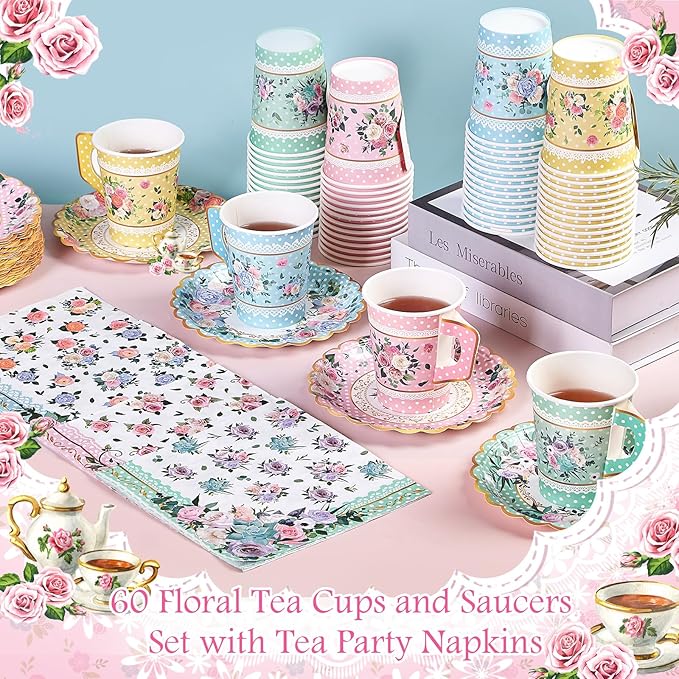 SUMMORO 180 Pcs Floral Paper Tea Cups and Plates 9 OZ Disposable Paper TeaCups - Image 4