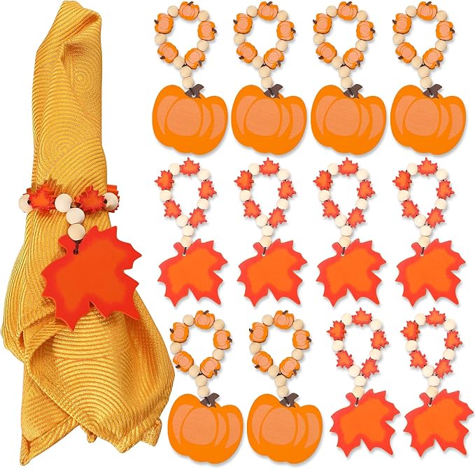 KPOSIYA Fall Thanksgiving Napkin Rings Set of 12, Pumpkin Maple Leaf Napkin by KPOSIYA