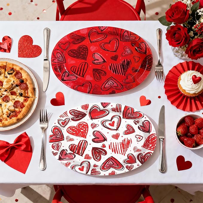 50Pcs Valentine’s Day Oval Paper Plates 10" x 12" Large Heavy Duty Watercolor Red Heart Disposable Plates Valentines Dessert Platters for Anniversary Wedding Birthday Party Supplies Decor