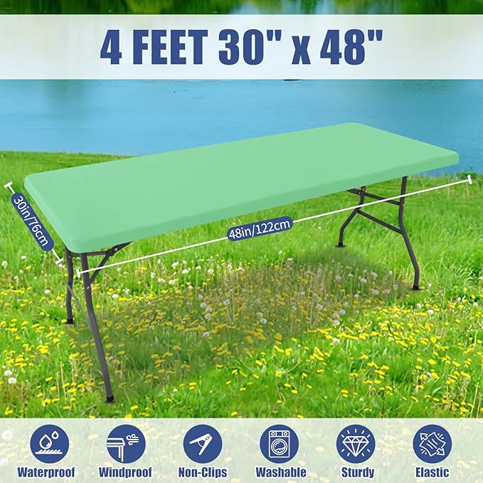 Spandex 4 Foot Rectangle Table Cloth 2 Pack, Elastic Fitted Tablecloths for Picnic, Stretch Washable Patio Table Cover for Outdoor, Camping, Banquet and Parties (Bright Green, 30"x48")