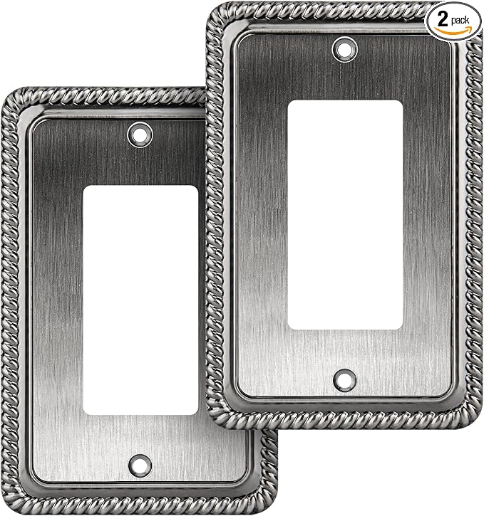 Henne Bery Rope Edge Decorative Wall Plate Switch Plate Outlet Cover (Single Decorator, 2 Pack, Heirloom Silver)