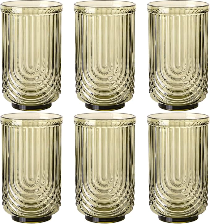 Green Vintage Drinking Glasses Set of 6-17oz Hand-Blown Highball Ribbed by TrophyToast