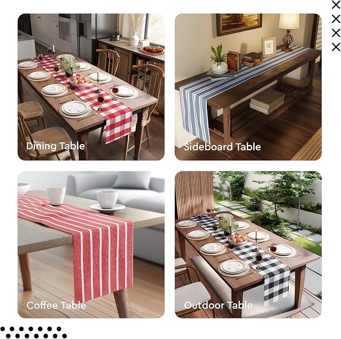 Encasa XO Table Runner, Woven Cotton Dining Runner 13"x72" Buffalo Beige Checks - Image 7