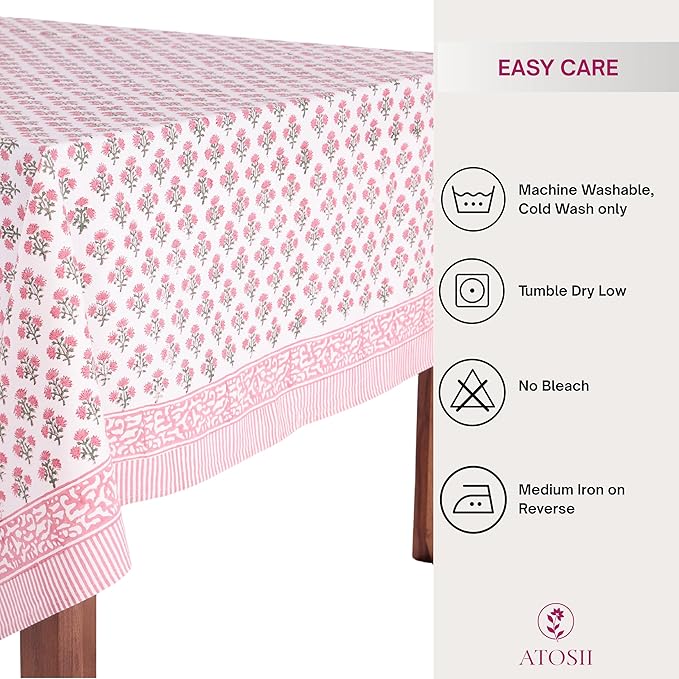 ATOSII Gulbahar White Pink 100% Cotton Fall Rectangle Tablecloth, Handblock Print Floral Table Cloth for Kitchen Dining Linen I Thanksgiving Christmas Weddings Outdoors I 72 X 120 Inches I 10 Seater
