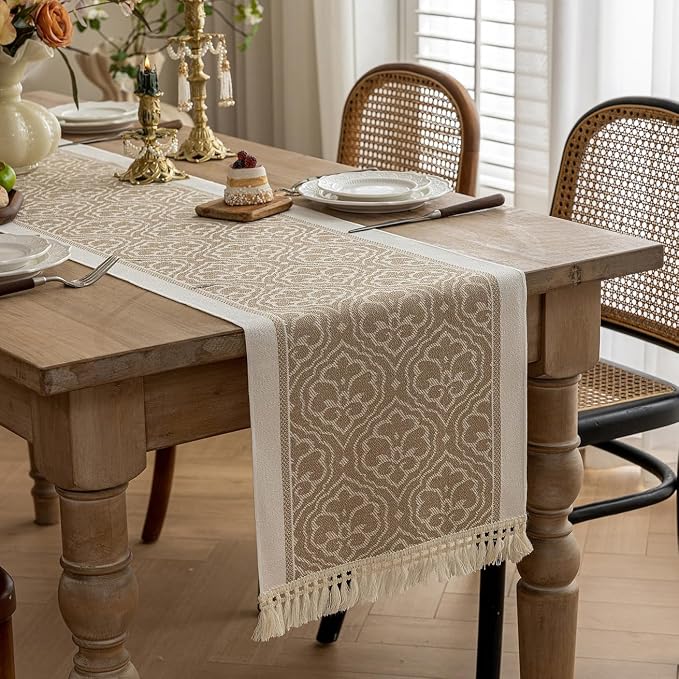 Coffee Scroll Linen Table Runner by UWWGKK