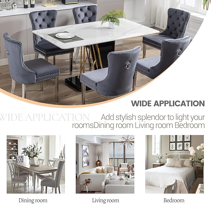 KCC Velvet Dining Chairs Set of 6, Upholstered High-end Tufted Dining Room Chair with Nailhead Back Ring Pull Trim Stainless Steel Legs, Contemporary Nikki Collection Modern Style for Kitchen, Gray
