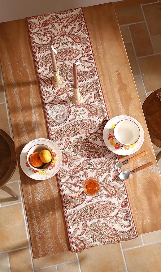 Designer French Linen Extra Long Table Runner, Cashew Pattern, Dining Table - Image 8