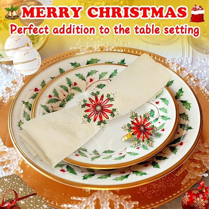 ZeeDix Christmas Crystal Snowflake Napkin Rings Set of 8- Rustic Dinner Tables Setting Decoration for Wedding Receptions, Christmas Holiday Party Dinner Parties