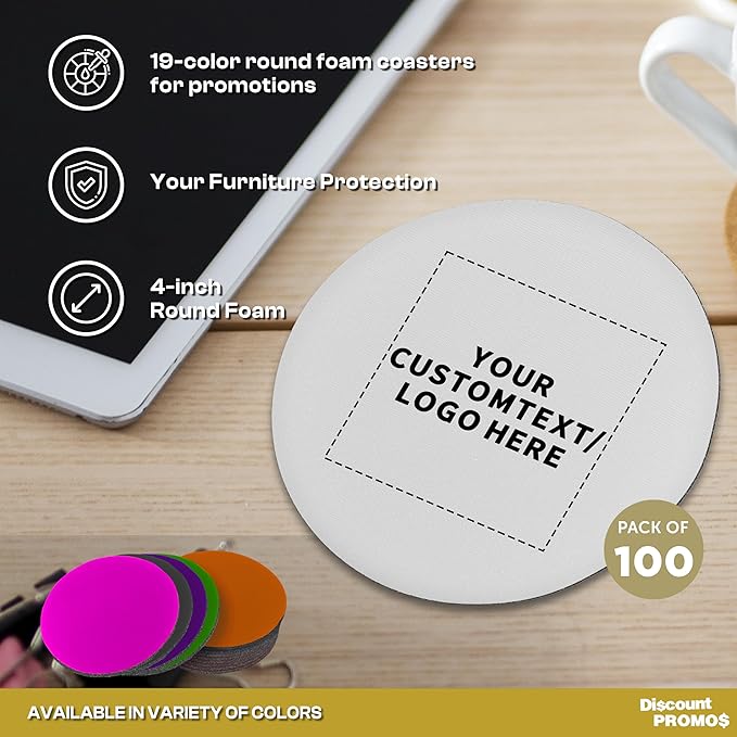 100 Round Foam Bud Coasters Pack, 4 inch - Customizable Text, Logo - PU Foam, Party Favor - White