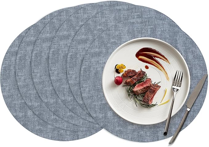 15 inch Faux Leather Round Placemats Set of 6 Non-Slip Washable Wipeable Table Mats, Heat Resistant Waterproof Oilproof Blue Place Mats for Kitchen, Dining, Party, Indoor, Outdoor