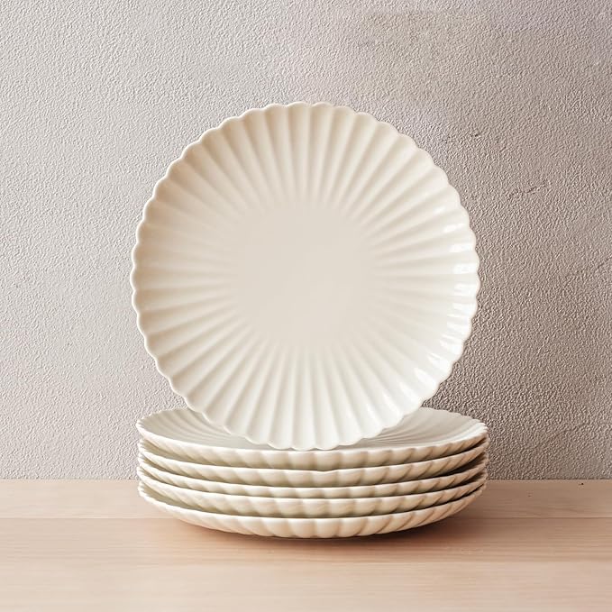 WENSHUO Daisy Plates Set of 6, Chip and Scratch Resistant (Glossy Crème, 9 Inch)