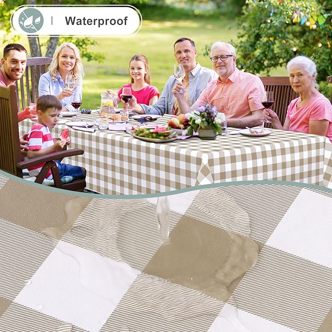 misaya Rectangle Waterproof Vinyl Table Cloth, Buffalo Flannel Backed Tablecloth, Wipeable Plastic Table Cover for Dinner, Kitchen, Outdoor (60" x 84", Khaki and White)