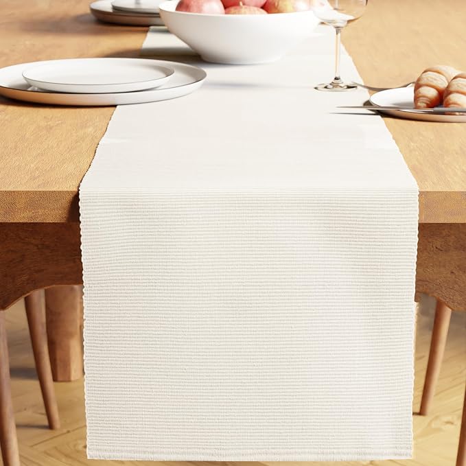 Encasa XO Table Runner, Yarn Dyed Ribbed Cotton 13"x59" | Solid Off White by EncasaXO