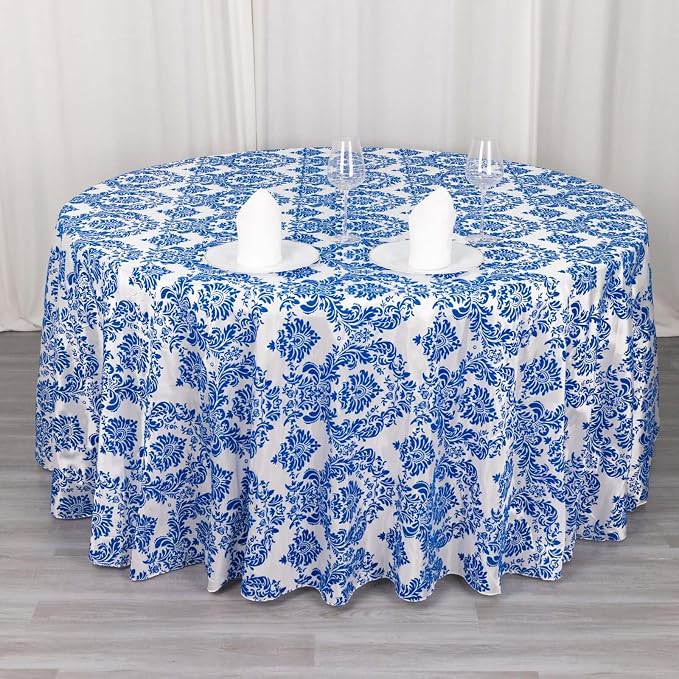 Efavormart 120" Royal Blue Velvet Flocking Damask Tafetta Round Tablecloth - Image 4