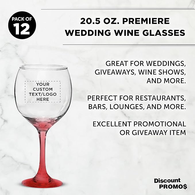 Custom Premiere Wedding Wine Glasses 20.5 oz Set of 12, Personalized Bulk Pack - Restaurant Glassware, Perfect for Red Wine or White Wine - Red