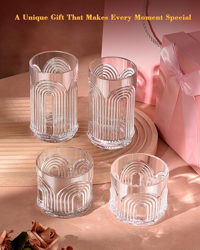 Arch Design Drinking Glasses Set of 8, Highball Glasses 15 oz and 8 oz, Ribbed Glass Cups, Cups for Kitchen, Vintage Glassware for Whiskey, Beer, Cocktail, Juice, Water