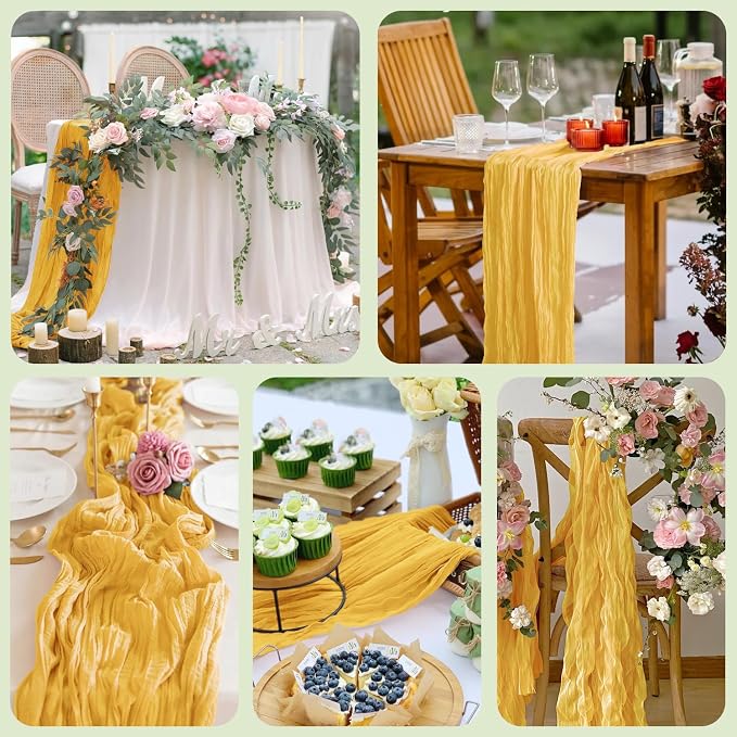 Cheesecloth Table Runner 10FT 6Pcs Gold Boho Gauze Rustic Sheer Runners | - Image 7