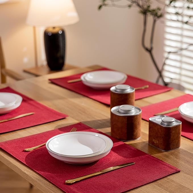 Demetex Red Placemats Set of 8 Fade Resistant Linen Placemats Modern Decorative Table Placemat for Valentines Day Holiday Wedding Birthday, 13x19 inch, Wine Red