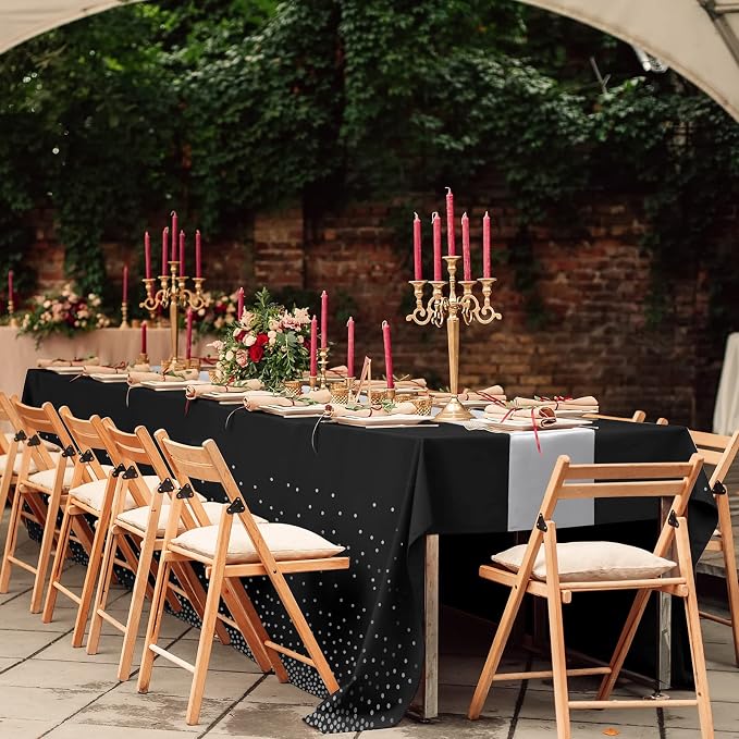 8Pack Disposable Plastic Tablecloths and Satin Table Runner Set Black and - Image 6