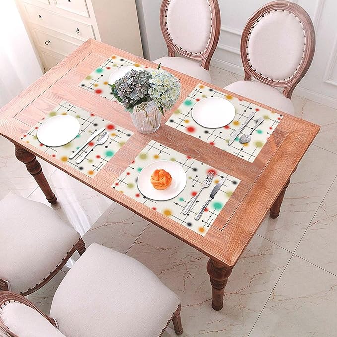 Mid Century Modern Placemats Set of 4, Washable Retro Table Mats for Kitchen Dining Tables Yellow Decorative Linen Place Mats 12x18 Inch
