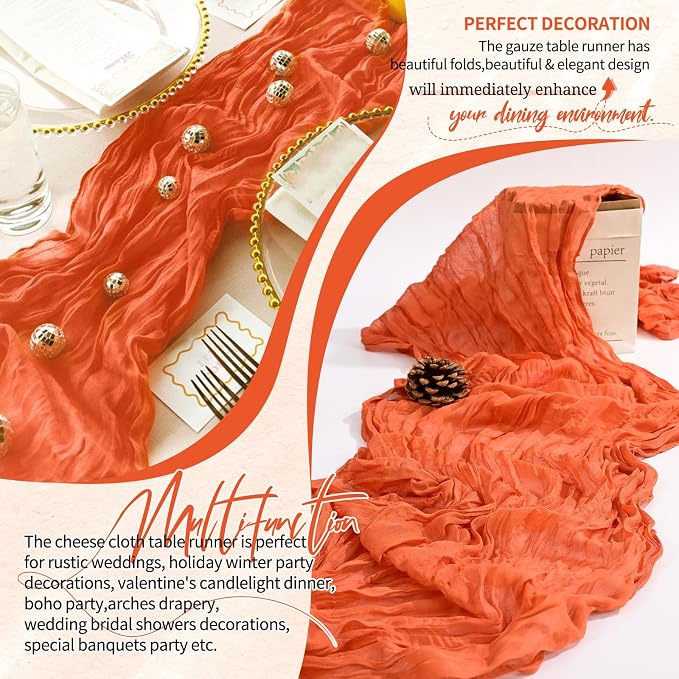 Showgeous 2 Pack Orange Cheesecloth Table Runners Boho Wedding Decor | Rustic - Image 6
