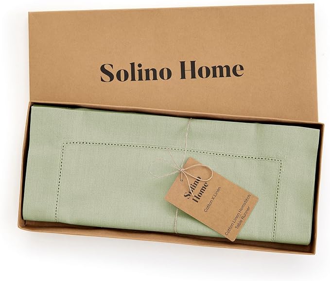 Solino Home Cotton Linen Dining Table Runner Sage Hemstitch, 14 x 120 in | - Image 4