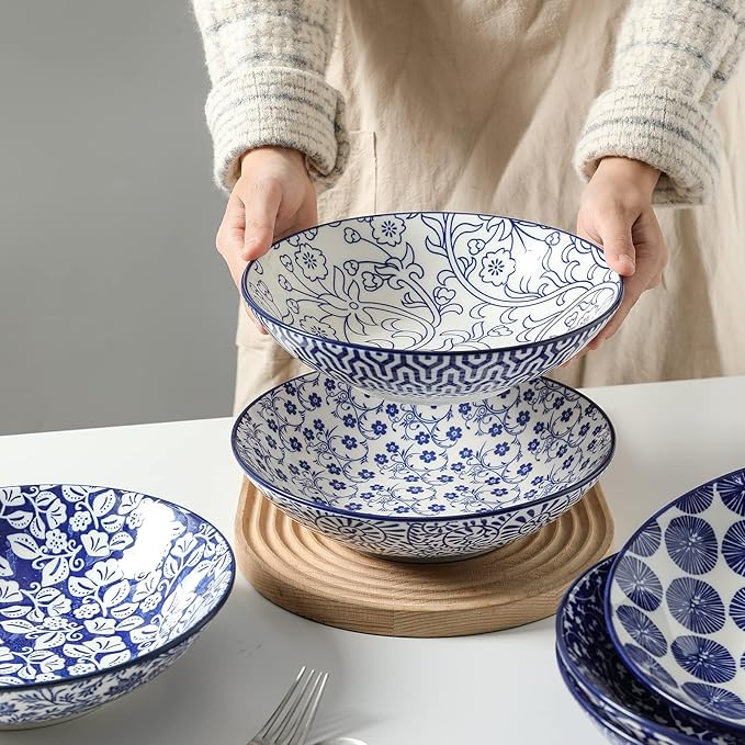 Selamica Ceramic 30oz Large Pasta Salad Bowls 8 Inch Wide and Shallow Soup Bowls, Stackable, Microwave and Oven Safe, Set Of 6, Vintage Blue