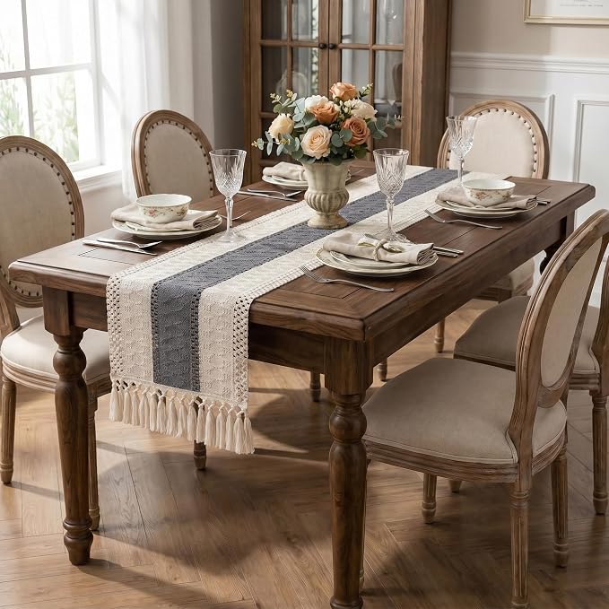 Boho Macrame Table Runner with Tassels Farmhouse Rustic Dining Woven Table - Image 3