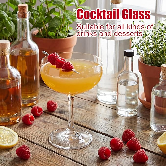 Maxdot 12 Set 7oz Small Champagne Coupe Cocktail Glasses with Metal Cocktail Picks, Clear Elegant Handblown Coupe Glasses Bulk Crystal Espresso Martini Cups for Home Parties Wedding Bar
