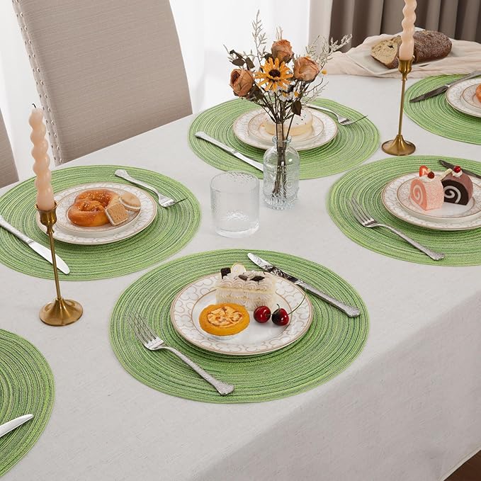 SHACOS Round Placemats Set of 6 for Dining Tables 15 inch Cotton Braided Placemats Washable Reversible for Kitchen Holiday Party (Mixed Color Pea Green, 6)