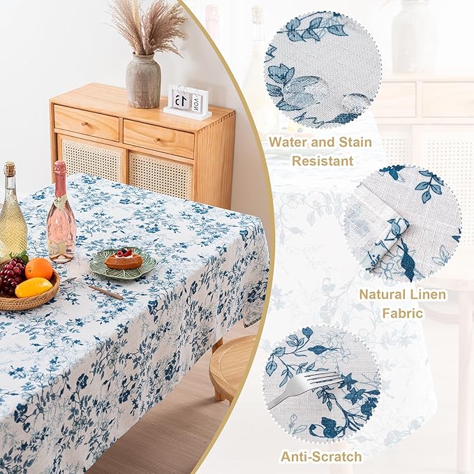 H.VERSAILTEX Linen Table Cloths Floral Printed Tablecloth Spill-Proof Waterproof Table Cover for Dining Buffet Feature Soft and Thick Fabric Wrinkle Free, 60 x 104 Inch, Retro Floral - Stone Blue