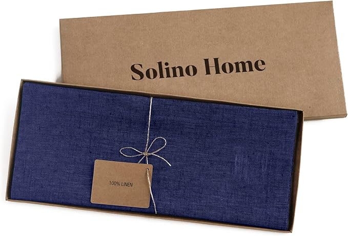 Solino Home Linen Table Runner 60 Inches - 100% Pure Linen Chambray Navy Table Runner 14 x 60 Inch Ideal for Dresser and Coffee Tables - Spring - Athena