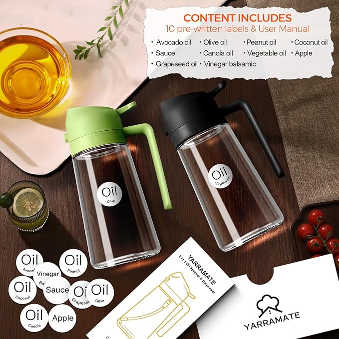 YARRAMATE Olive Oil Dispenser, 2 in 1 Oil Sprayer for Cooking, 16oz/470ml Glass Oil Spray Bottle with Pourer, Food-grade Oil Dispenser and Oil Sprayer for Kitchen, Salad, Frying, BBQ (Black & Green) | 2 in 1, Oil Sprayer, for Cooking, Oil Spray Bottle,...