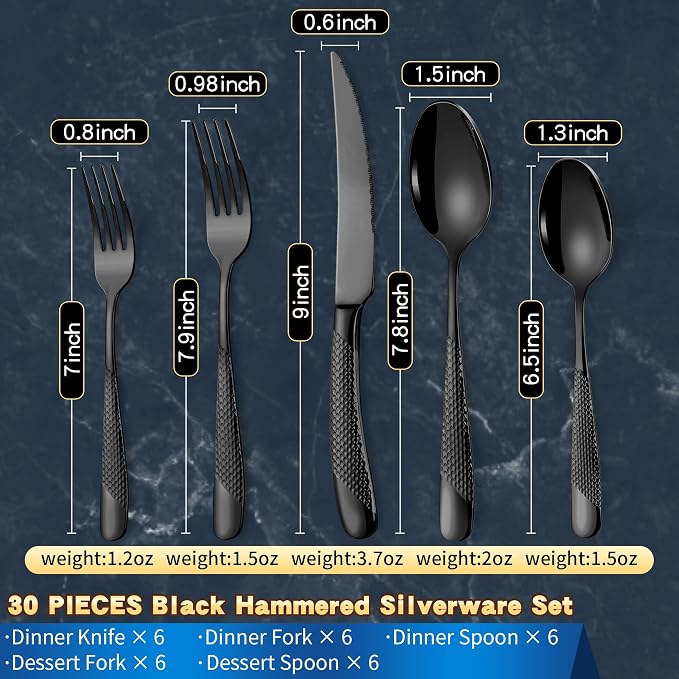 Hammered 30-Pieces Set Black Silverware Set - Image 2