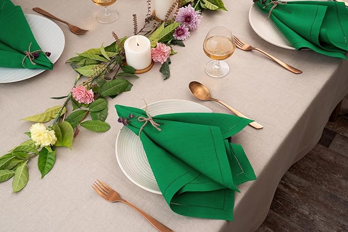 D'Moksha Homes Kelly Green Linen Napkins Set of 4 - Classic Hemstitch 100% Pure Linen Hemstitch Dinner Napkins 20 x 20 Inch for St Patricks Day, Easter - Handcrafted and Machine Washable
